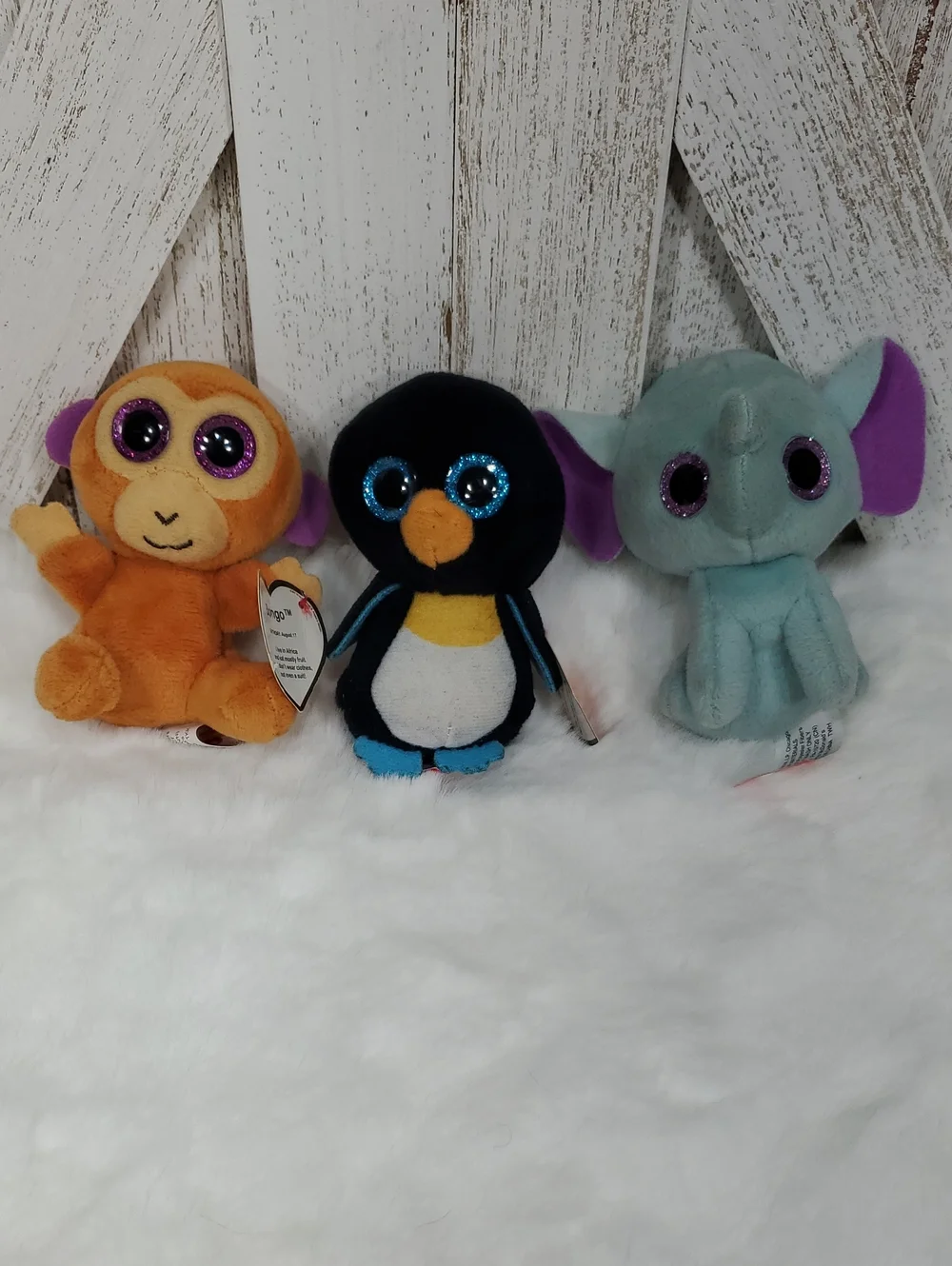 Ty Beanie Boos Plush Penguin, Elephant, Monkey Stuffed Animals